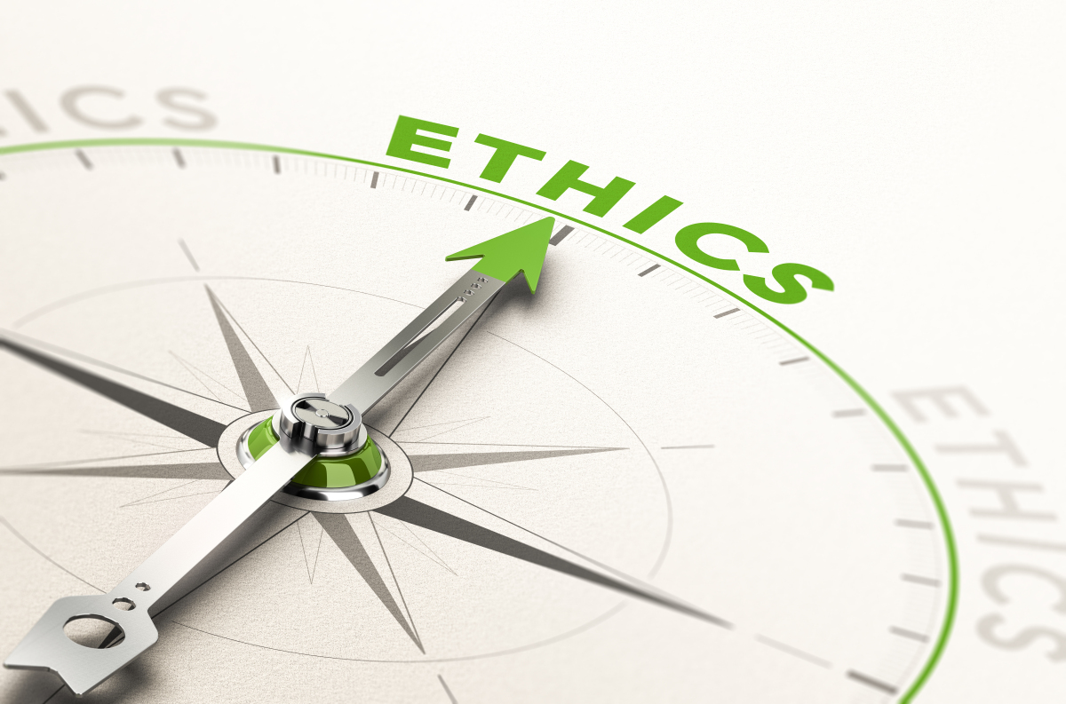 This is an image of a compass with a needle pointing to the word ethics. It is meant to represent the connection between ethics and a moral compass.