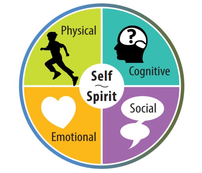 This graphic shows four circles surrounding a central circle that contains the words Self and Spirit.  The surrounding four circles are titled physical, cognitive, emotional, and social. These are further defined in the activity itself. 