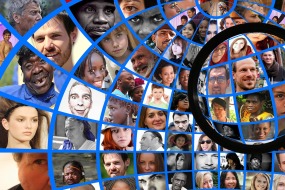 This graphic shows a globe cut up into squares.  In each square is a different human face.  There is a magnifying glass hover