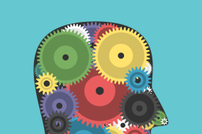 This graphic shows the black outline of a human head in profile.  Inside the head are a series of interconnected gears of mul
