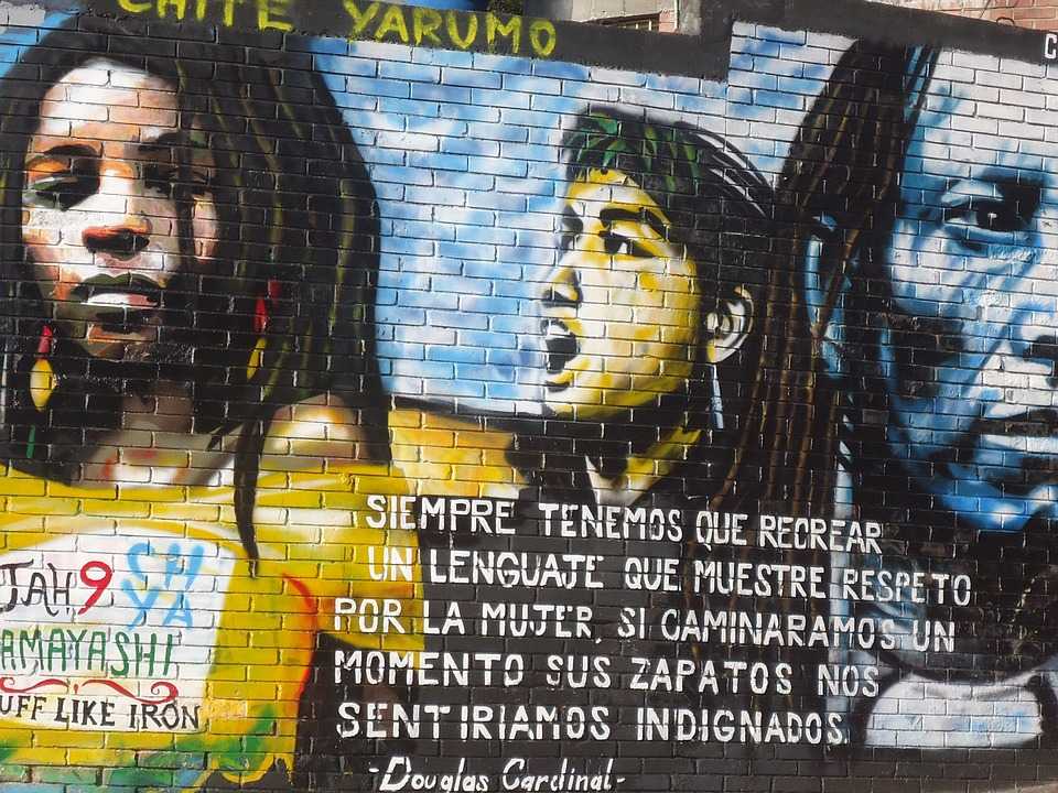 This is an image of a mural in Spanish, depicting the fight for respect towards women.