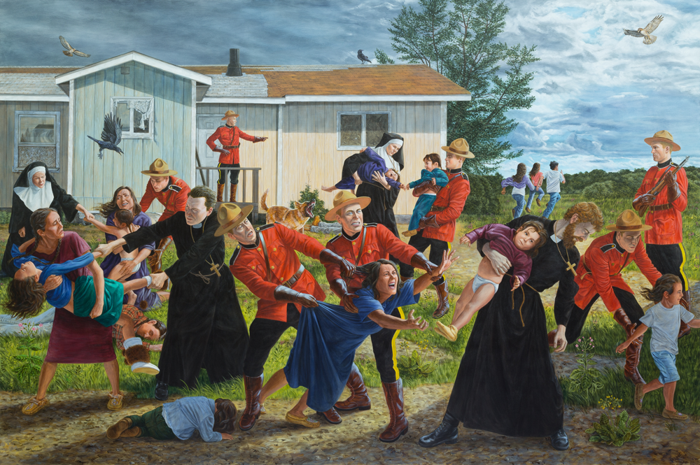 This is an image depicting the “60s Scoop,” when Indigenous children were forcibly removed from their families by Mounties and clergy.
