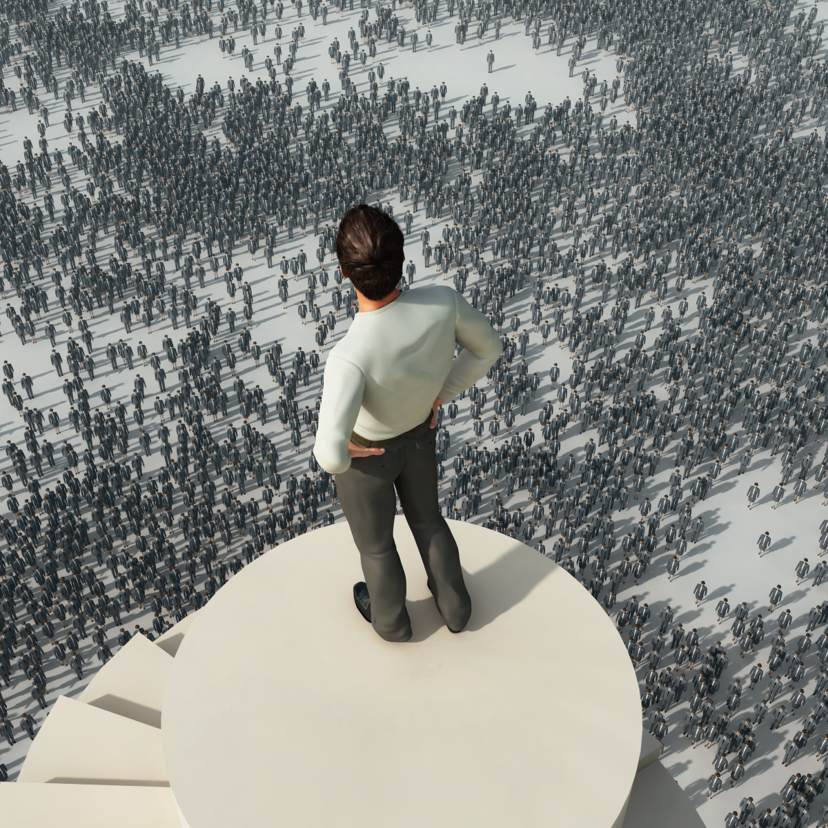 This is an image of a man on a tower, looking down upon a crowd.