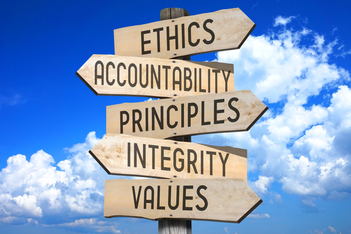 This is an image of a signpost. Each sign, pointing in a different direction, ask you which direction you are going to take: ethics, accountability, principles, integrity, or values?