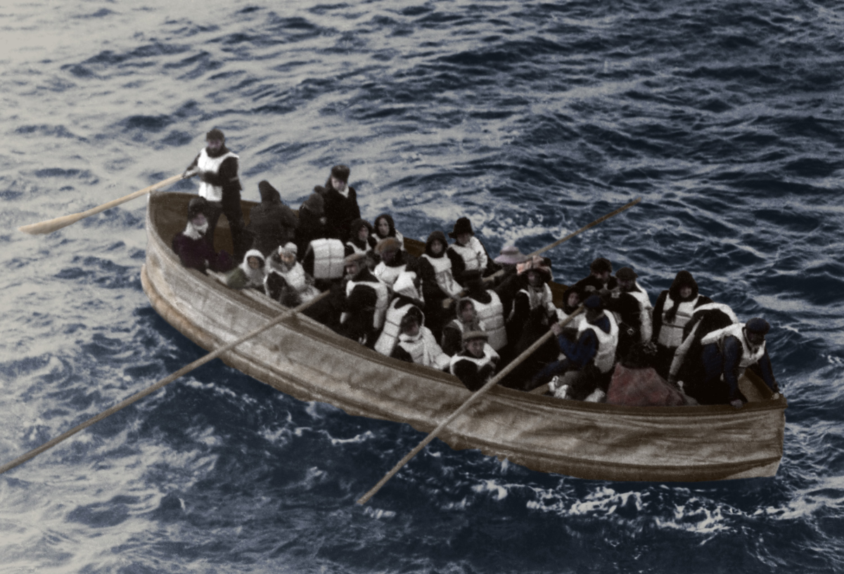 This is an image of a overcrowded lifeboat.