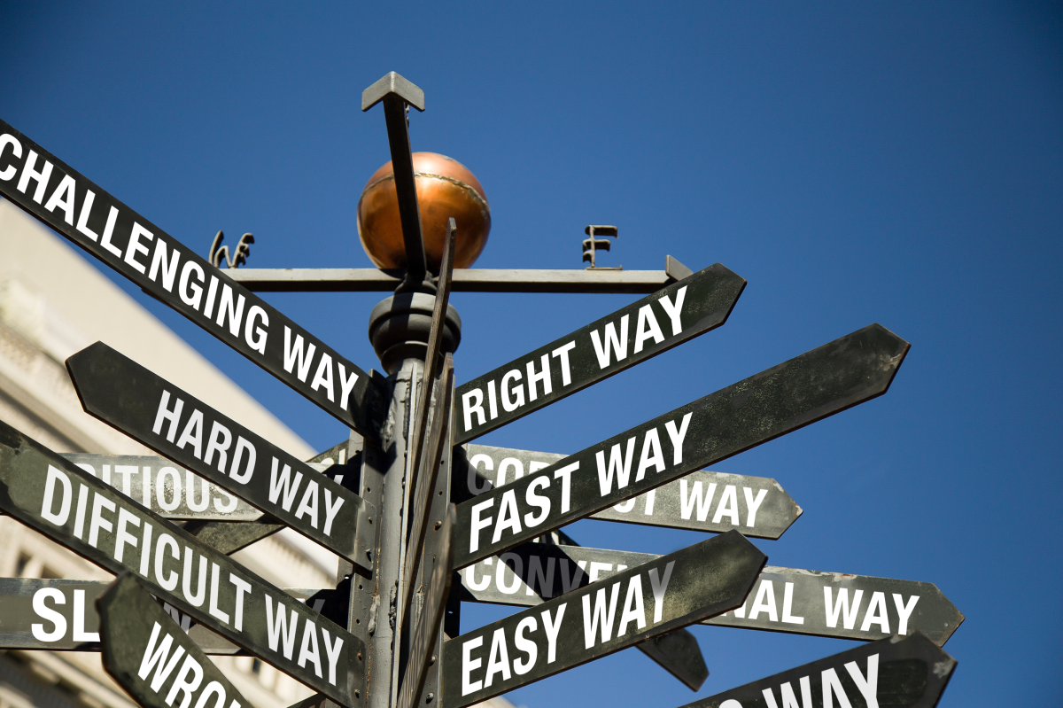 This is an image of a post with much directional signage, indicating Right Way, Fast Way, Easy Way, Challenging Way, Hard Way, and Difficult Way.