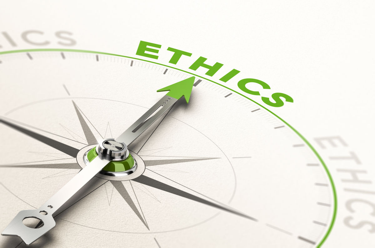 This is an image of a compass, with the arrow pointing to ‘ethics.'