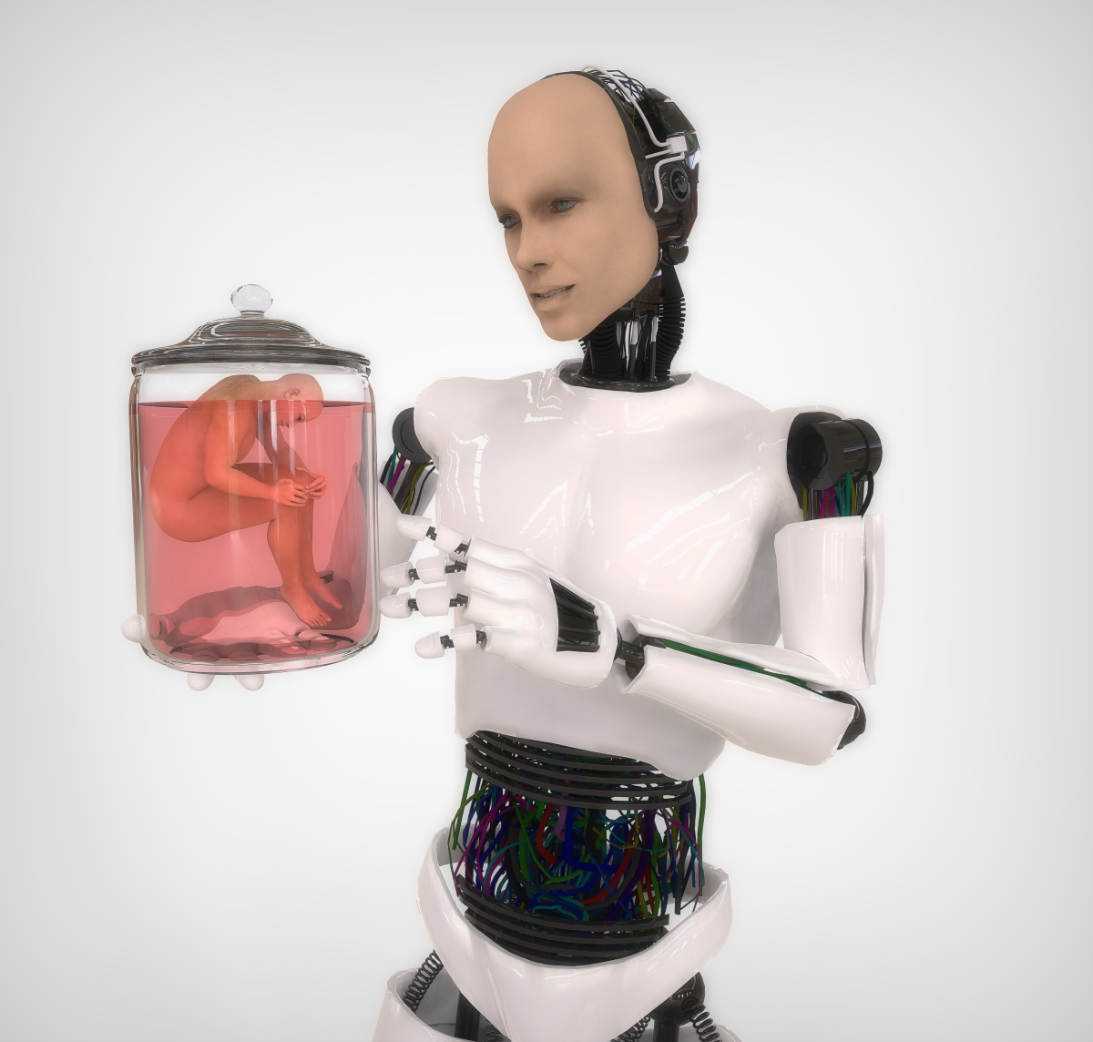 This is an image of a humanoid holding a jar with a human inside it.