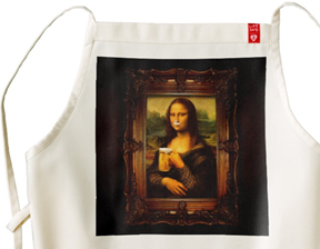 Image of the Mona Lisa drinking beer, with a beer mustache, on an apron.