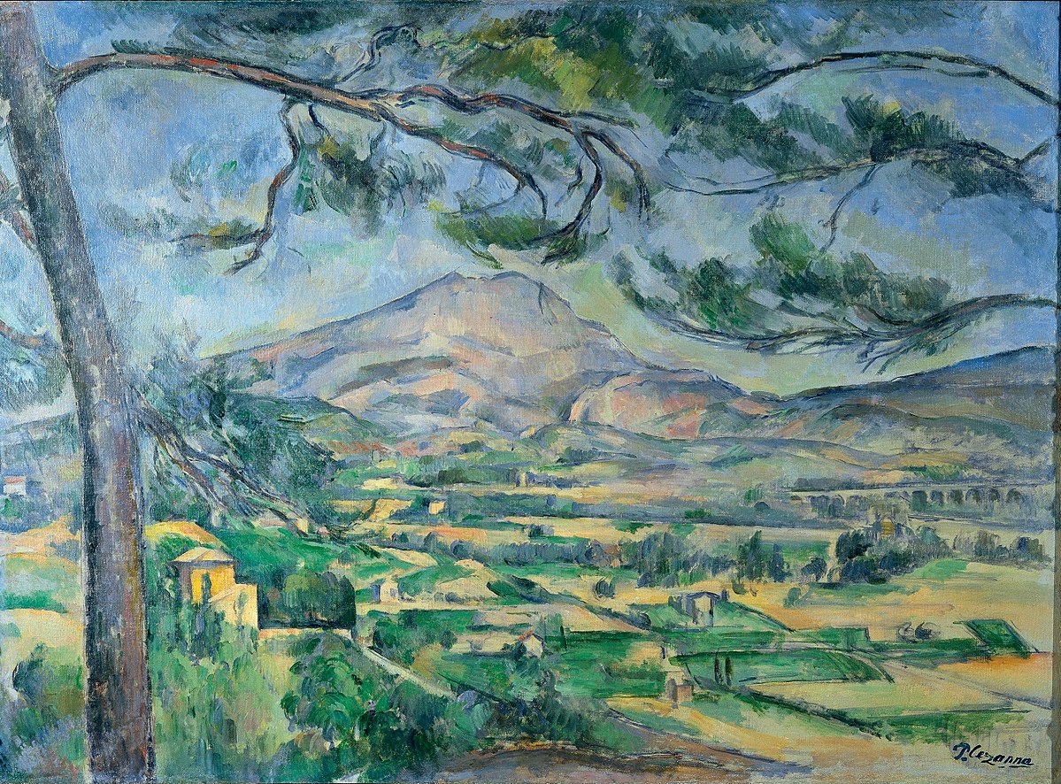 This is a landscape painting of  Mont Sainte-Victoire in France painted by Paul Cézanne, who was a famous French artist and Post-Impressionist painter.