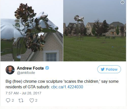 This is an image of a tweet where someone has relayed residents’ concerns that the chrome cow sculpture ‘scares the children.’