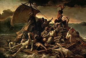 This is an image of a raft, lost at sea. The men on it are in various stages of death or dying.