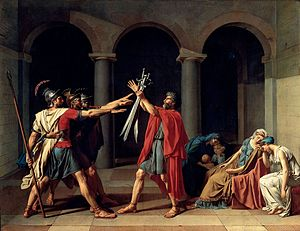This is an image of three Roman soldiers reaching out for the three swords being held aloft by their father. A group of women are huddled and weeping in the background.