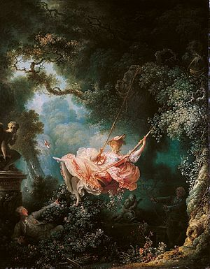 This is an image of a woman, dressed in a large, flouncy pink dress, playing on a swing hung from a tree. A man is hidden in the shrubs, watching her.