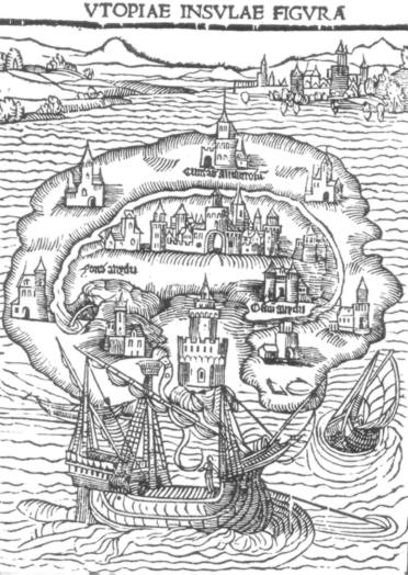 This is an image of a black and white woodcut illustration of an island and a galleon floating past it.