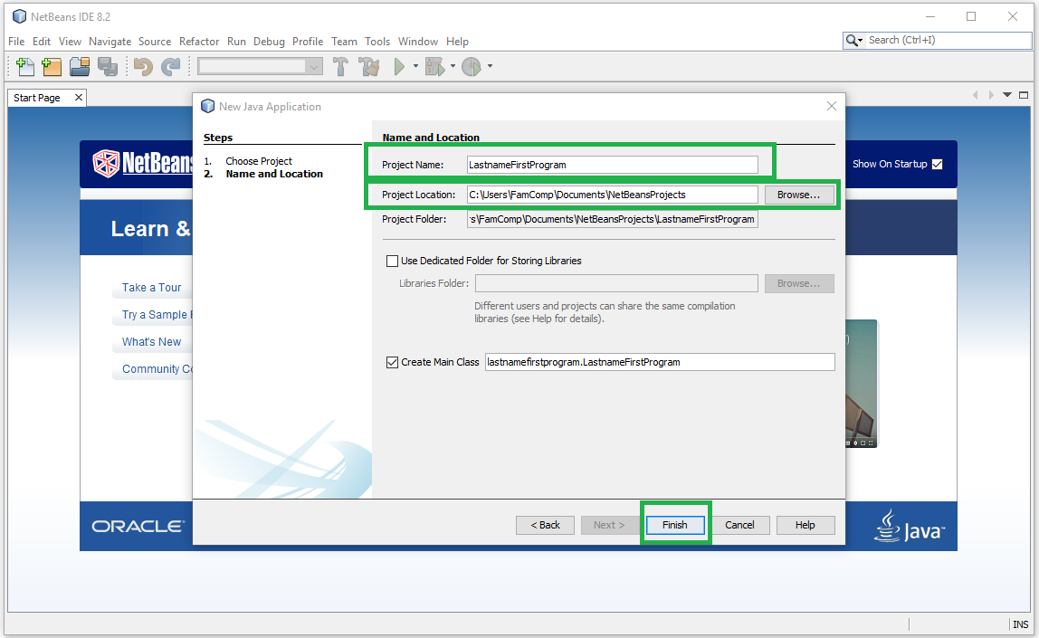 An image with the project title and location field highlighted, as well as the Next button.