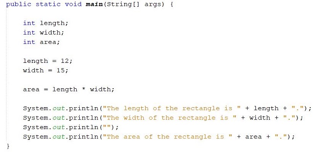 This is an image of the programming code for a program that determines the area of a rectangle.