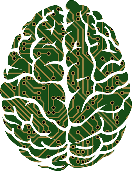 This is an image of a brain with electronic circuitry on top.