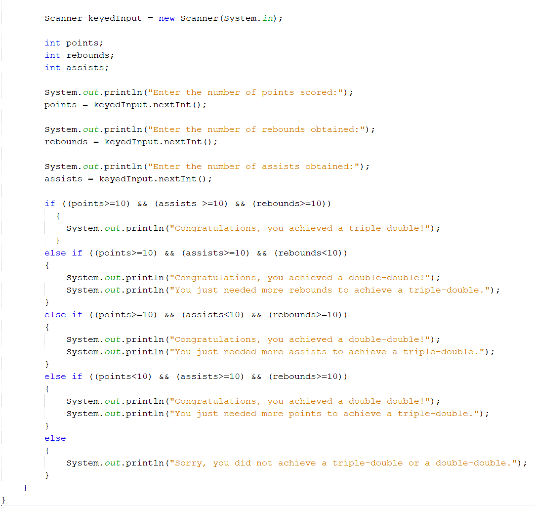 This is an image of a program that prompts users to enter their statistics from a basketball game to determine whether or not they achieved a triple double.