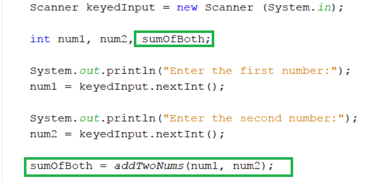This is an image showing the source code and main program of a method with the return variable highlighted.