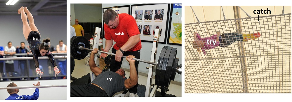 An image of gymnasts and a weightlifter getting help from a spotter. The spotter acts like a try catch command.