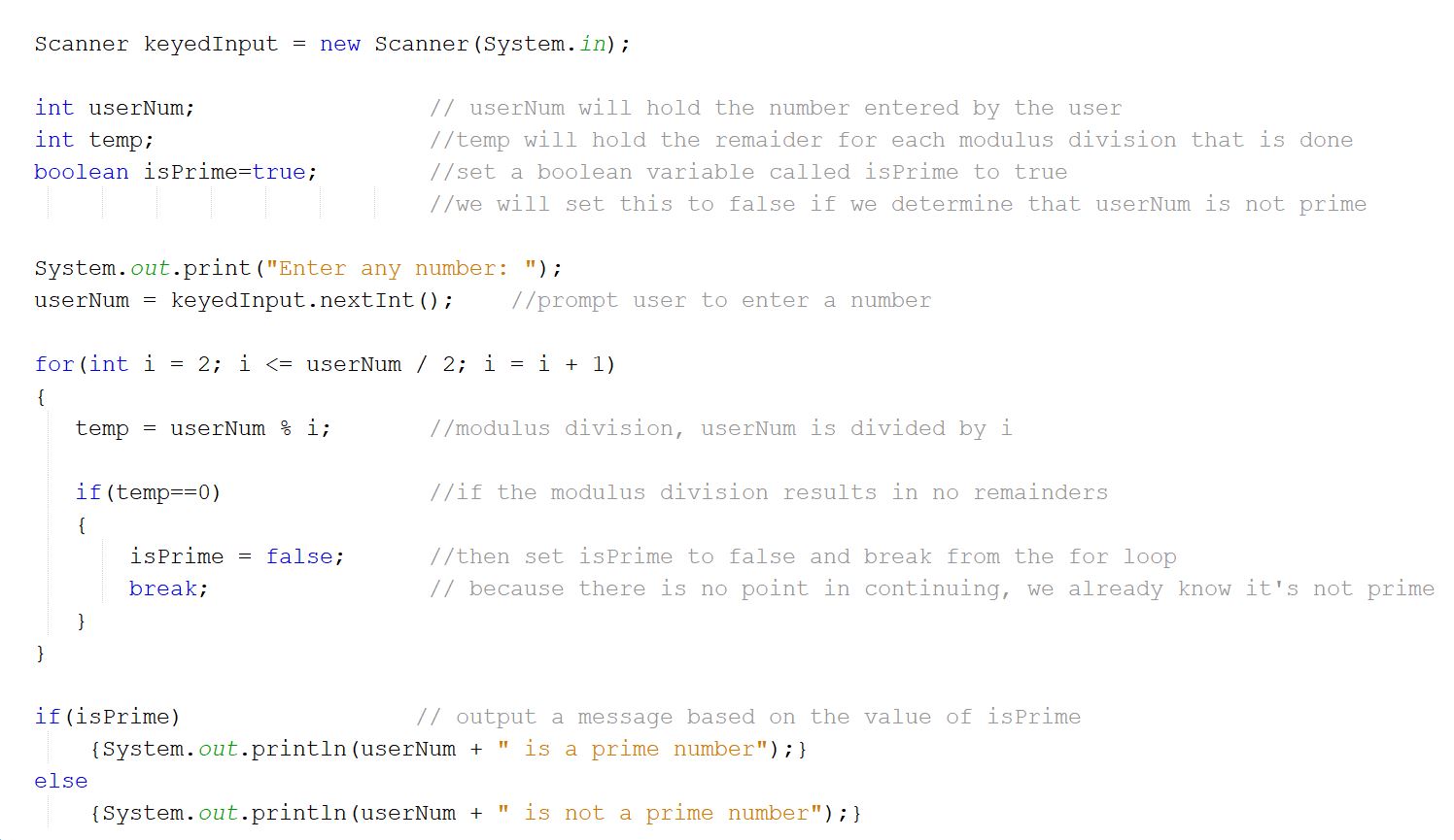 An image of the source code for a prime number program.