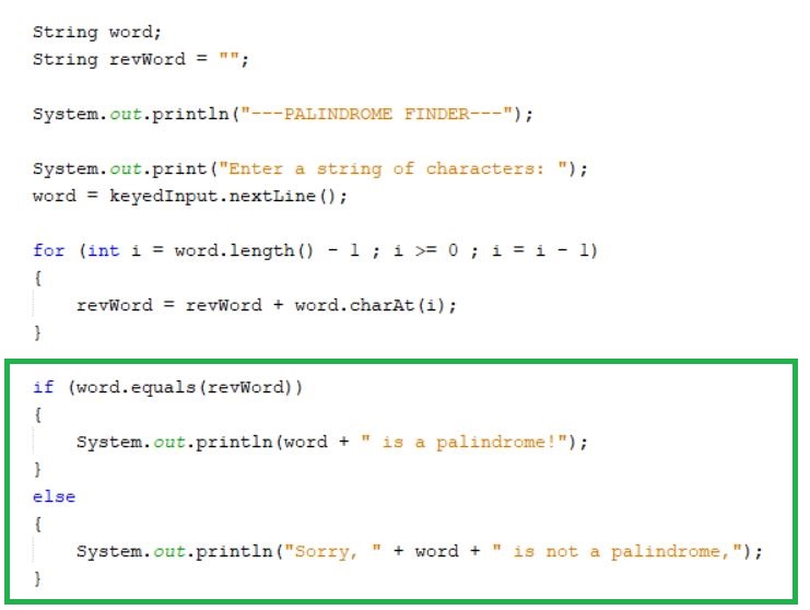 This is an image of the source code that determines whether or not a string is a palindrome.