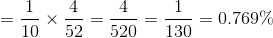 equals one over 10 time 4 over 520 equals 4 over 520 equals 1 over 130 equals 0.769 percent