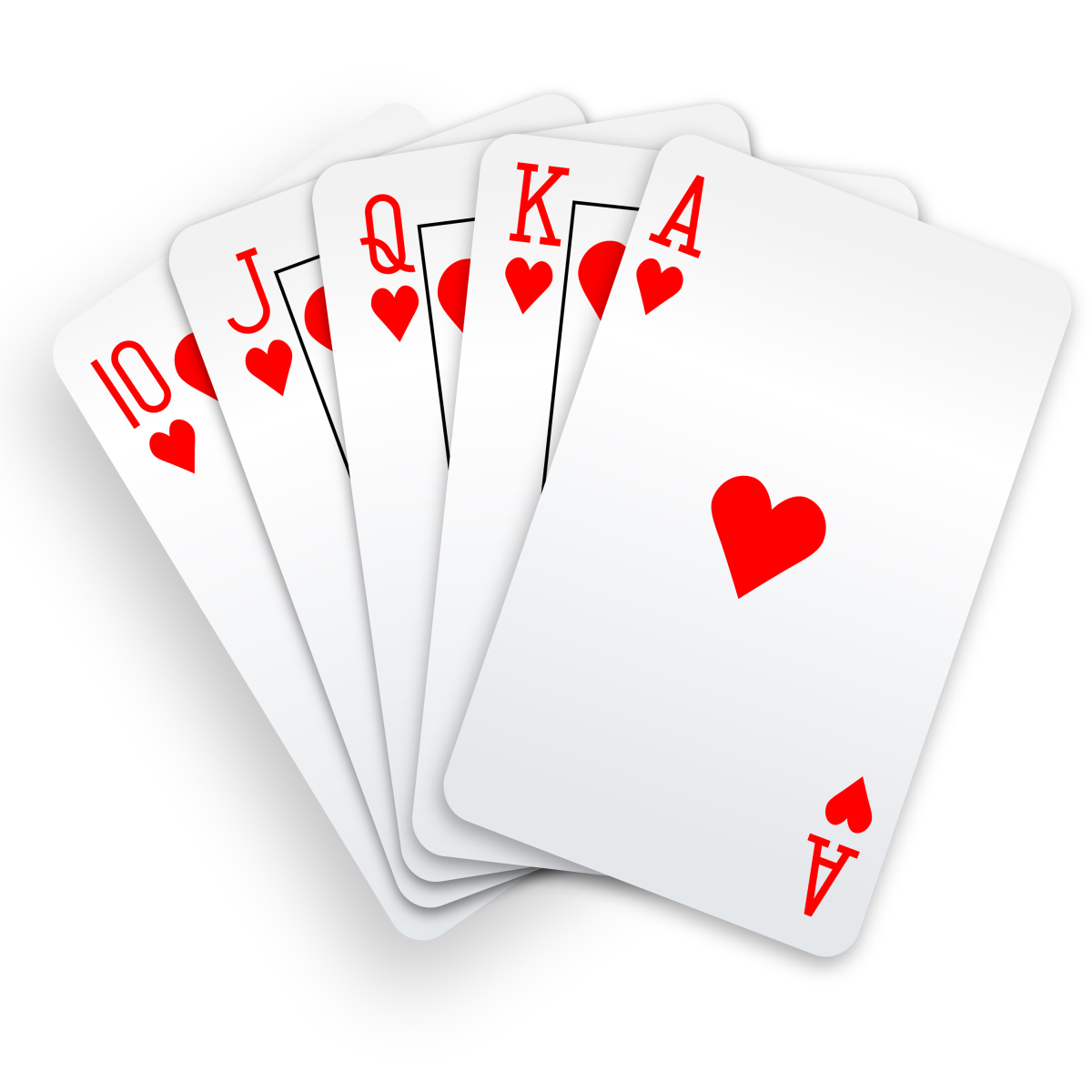 This is an image of 5 cards on a white background, they are a royal flush of hearts.