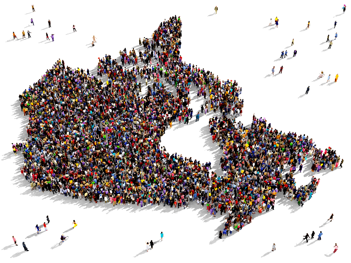 This is an image of many people filling in the shape of Canada as a country.