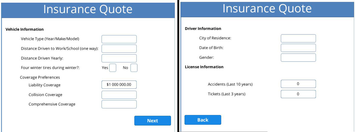 This is an image of an online insurance form with fields for vehicle type, distance driven to work, distance driven annually, four winter tires, coverage type, city of residence, date of birth, gender and driving history.