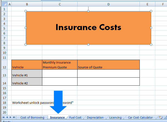 This is an image of the insurance tab of the car cost calculator spreadsheet.