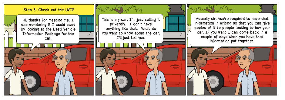 This is a Pixton cartoon showing a prospective buyer asking to see the used vehicle information package.
