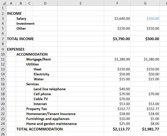 This is an image of Jeff's budget that includes his income and expenses related to accommodations.