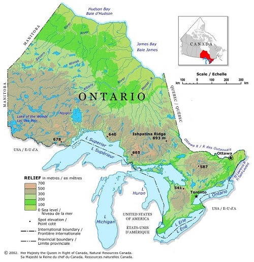 This is an image of a map of the province of Ontario. It shows the location of major cities, and shows a distance scale.