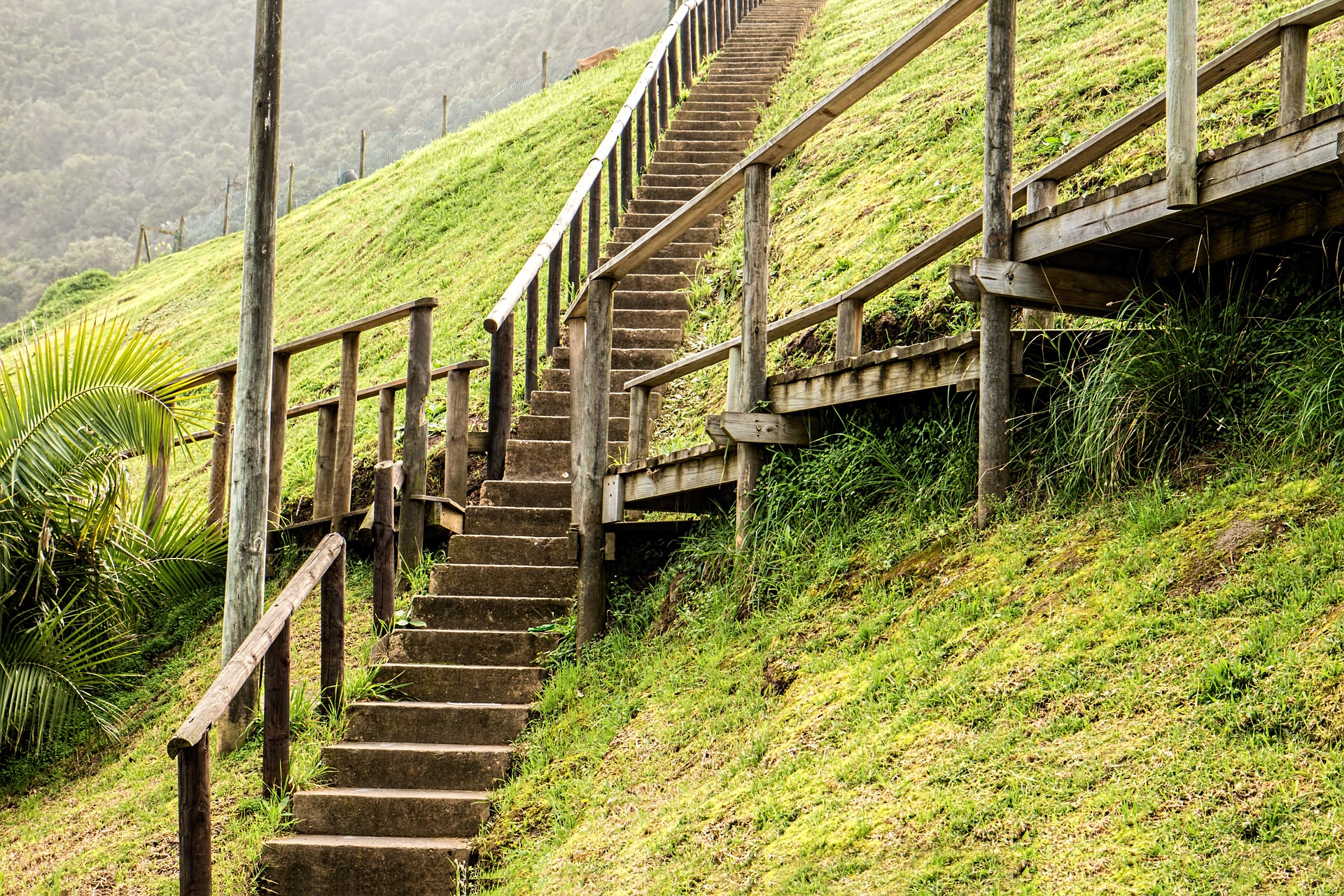 An image of a set of stairs going up a grassy mountain. The stairs intersect with a flat walkway which provides the walker with another direction to take.