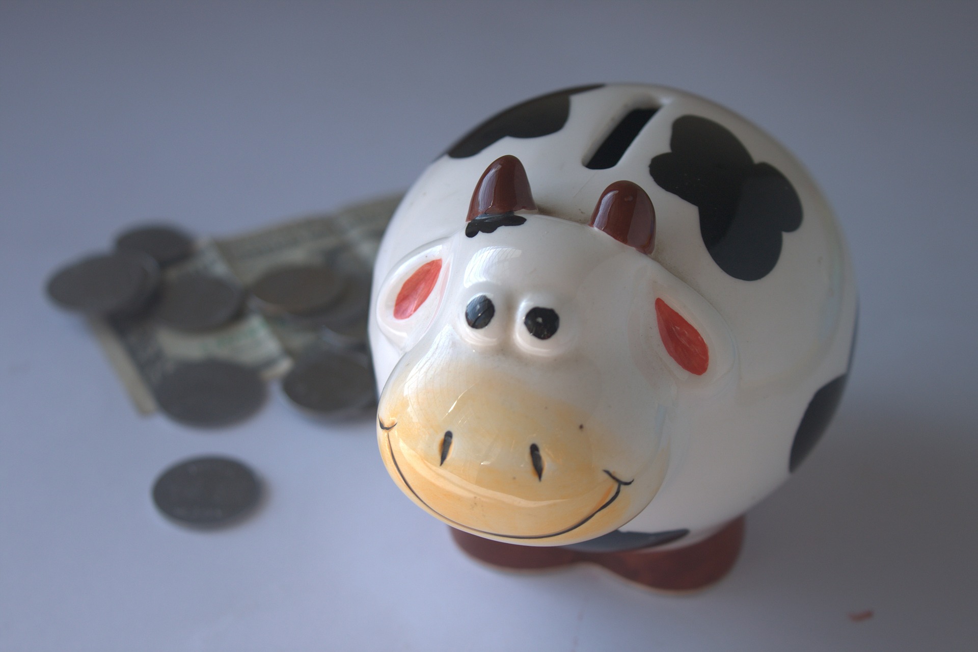 An image of a piggy bank with some money next to it.