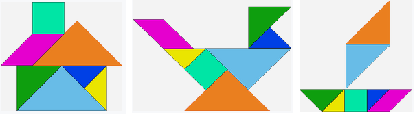 the shapes of a tangram arranged as a house, a bird and a sailboat.