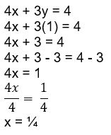 An image showing how 4x plus 3y equals 4 can be simplified to x equals one quarter.