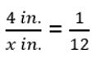 An image of the equation 4 inches over x inches equals 1 over 12.