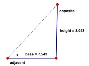 An image of a write angle triangle with height of 8.043 and a base of 7.543.
