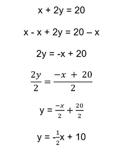 An image showing how the equation x plus 2y equals 20 can be altered to y equals negative half x plus 10.
