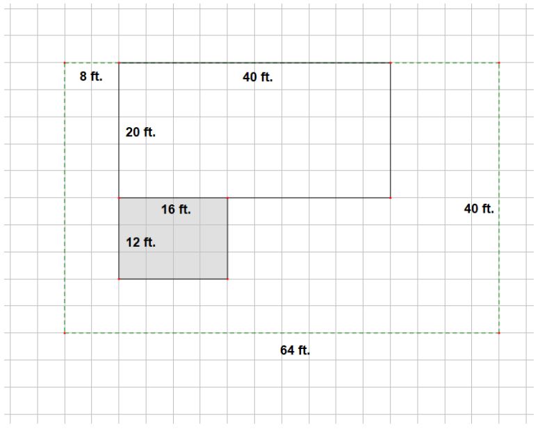 An image of the scale diagram of a house with the deck attached to the back of the house.