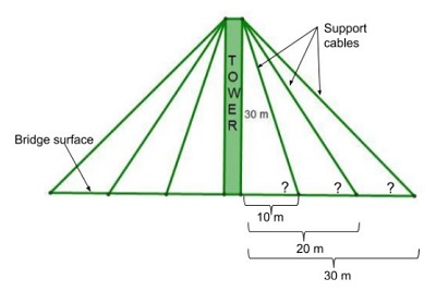 An image with specific measurements for the cable-stayed bridge. The calbes need to be placed 10 m, 20 m and 30 m away from the tower.