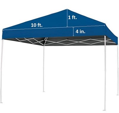 An image of a canopy with measurements indicating that the width is 10 ft, the height of the flap in 4 inches and the height of the pyramid formed on top is 1 foot.