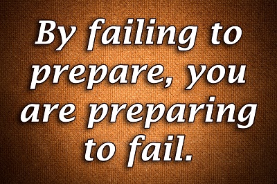 This is a quote written in white lettering on a brown poster. The quote reads: By failing to prepare, you are preparing to fail. a Quote from Benjamin Franklin