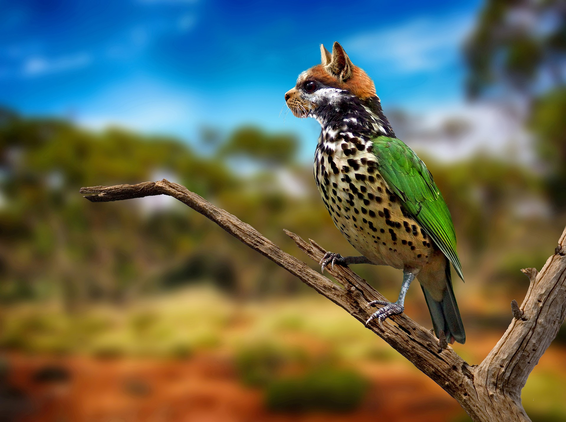  This is an image of a hybrid animal that has the body of a bird with green wings and a black-spotted white breast. It also has the head of a brown cat with white cheeks. This cat-bird hybrid is sitting on a bare branch in a savanna-type setting.