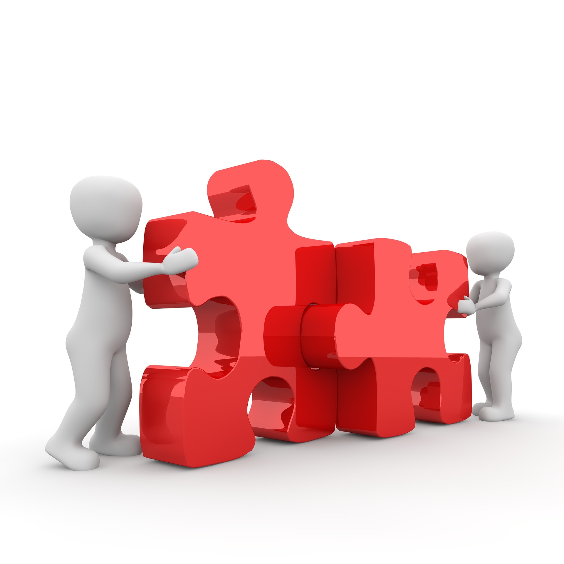 This is an image of two featureless white human figures pushing two large puzzle pieces together. The puzzle pieces are as tall as the figures. The image is set on a white background.