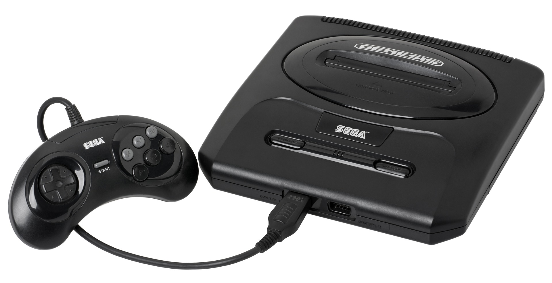 This is an image of a black Sega-Genesis video game console on a white background. The game console is square, with a slot near the top with ‘Genesis’ written above it in white. Below that slot is the word ‘Sega’ written in white above an ‘on’ and ‘reset’ button. On the front edge of the console are two ports for game controllers. The left port has a controller plugged into it. The controller is also black with the word ‘Sega’ written in white on it. The controller is kidney-shaped and has a thumb pad on the left, a ‘start’ button in the centre, and six buttons to the right, with the top three being being grey, and the bottom three black.