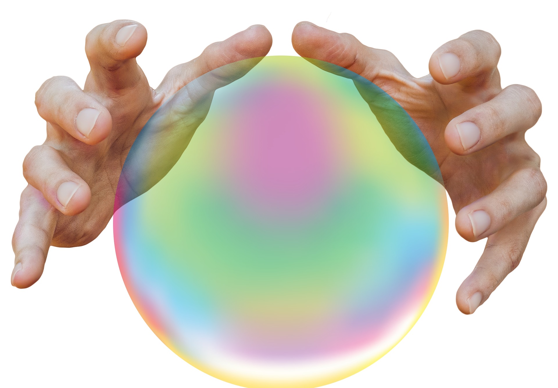 This is an image of two hands hovering over a crystal ball. The crystal ball has an iridescent surface, and shows the colours of the rainbow.